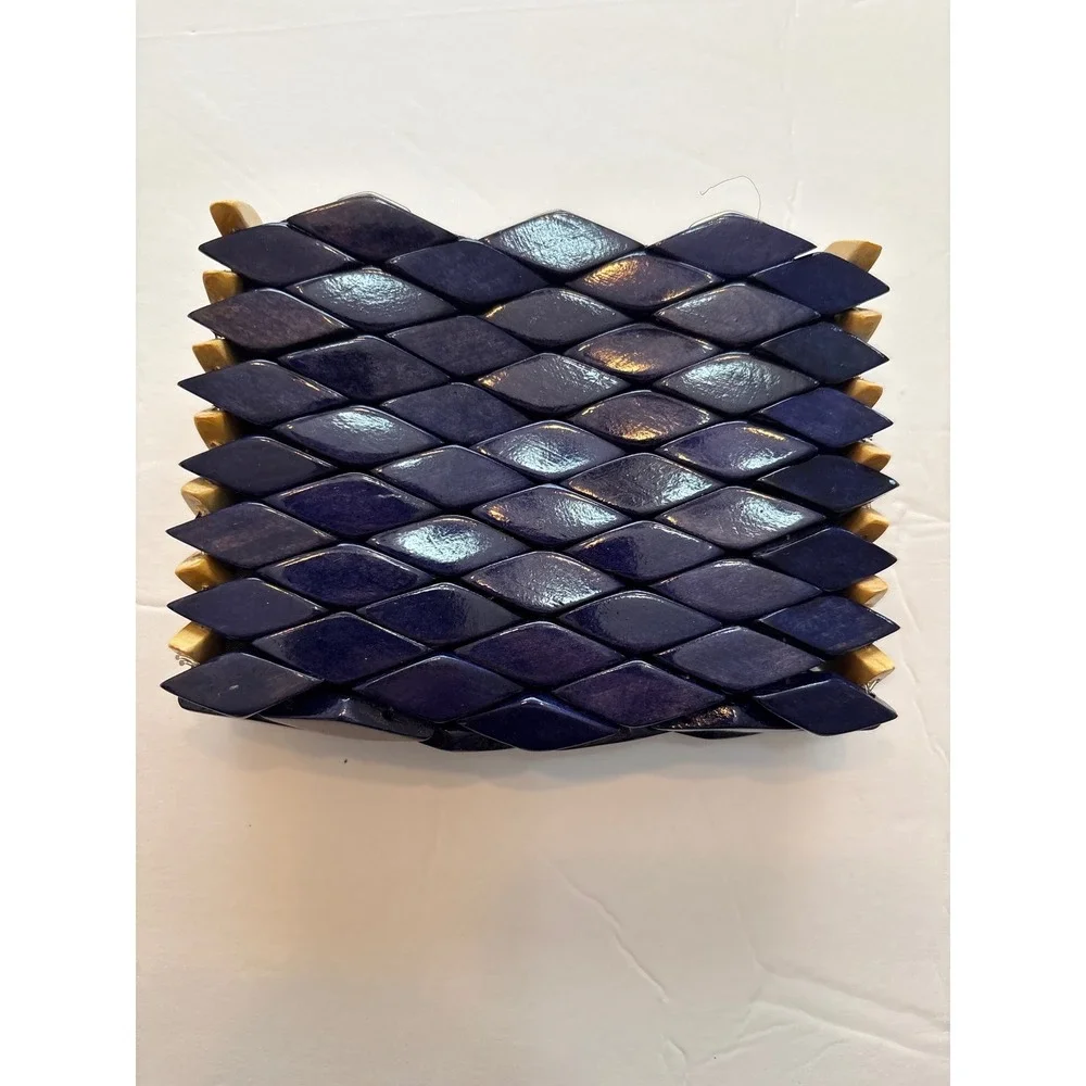 Handcrafted Blue and Natural Wood Diamond Bead Zippered Clutch‎ Bag